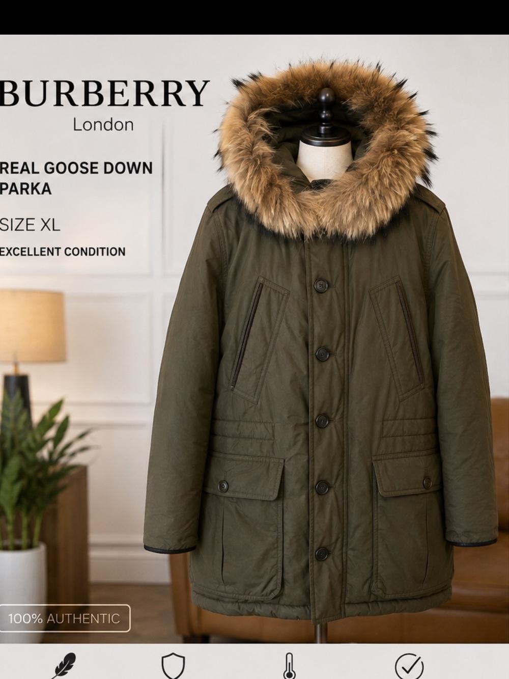 Burberry Olive Green Parka with Brown Fur-Trim Hood